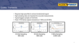 I N P A R T N E R S H I P
W I T H
• Requires high pass filter to remove fundamental signal
• High sampling rates are important for accurate measurements
• Typical loggers sample at 10.24 kHz
• Fluke 177X Series capture transients at 1 MHz and 20 MHz
Quality: Transients
97
3.8 kHz Sampling
865 volts
30 kHz Sampling
866 volts
5 MHz Sampling
2,800 volts
 