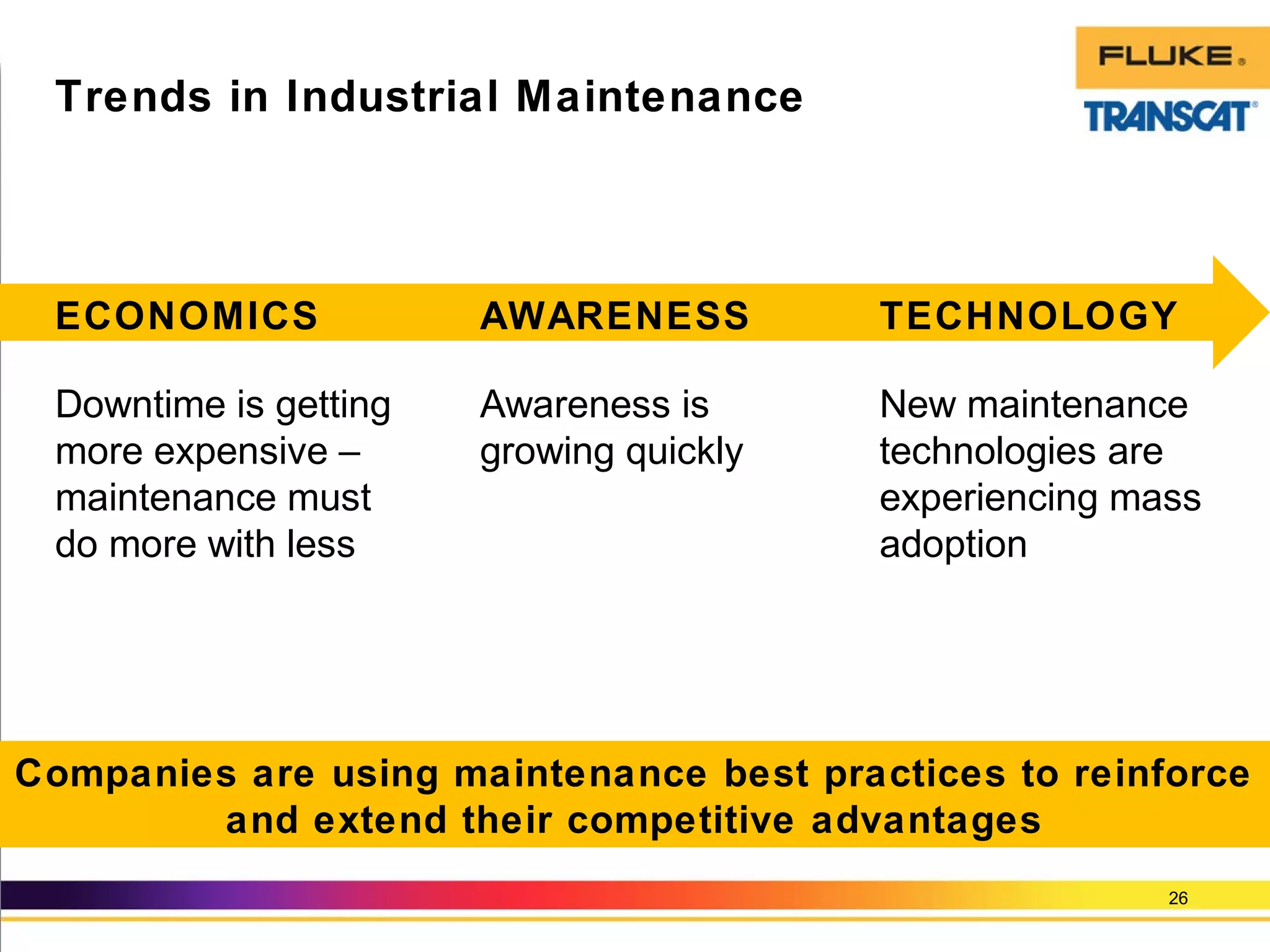 Downtime is getting
more expensive –
maintenance must
do more with less
26
Trends in Industrial Maintenance
Companies are using maintenance best practices to reinforce
and extend their competitive advantages
Awareness is
growing quickly
New maintenance
technologies are
experiencing mass
adoption
ECONOMICS AWARENESS TECHNOLOGY
 