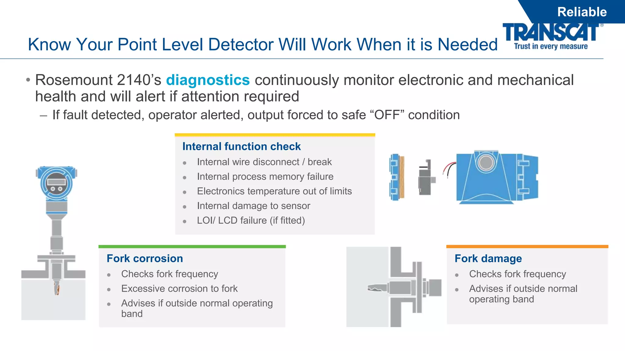 • Rosemount 2140’s diagnostics continuously monitor electronic and mechanical
health and will alert if attention required
– If fault detected, operator alerted, output forced to safe “OFF” condition
Know Your Point Level Detector Will Work When it is Needed
Reliable
Fork corrosion
 Checks fork frequency
 Excessive corrosion to fork
 Advises if outside normal operating
band
Fork damage
 Checks fork frequency
 Advises if outside normal
operating band
Internal function check
 Internal wire disconnect / break
 Internal process memory failure
 Electronics temperature out of limits
 Internal damage to sensor
 LOI/ LCD failure (if fitted)
 