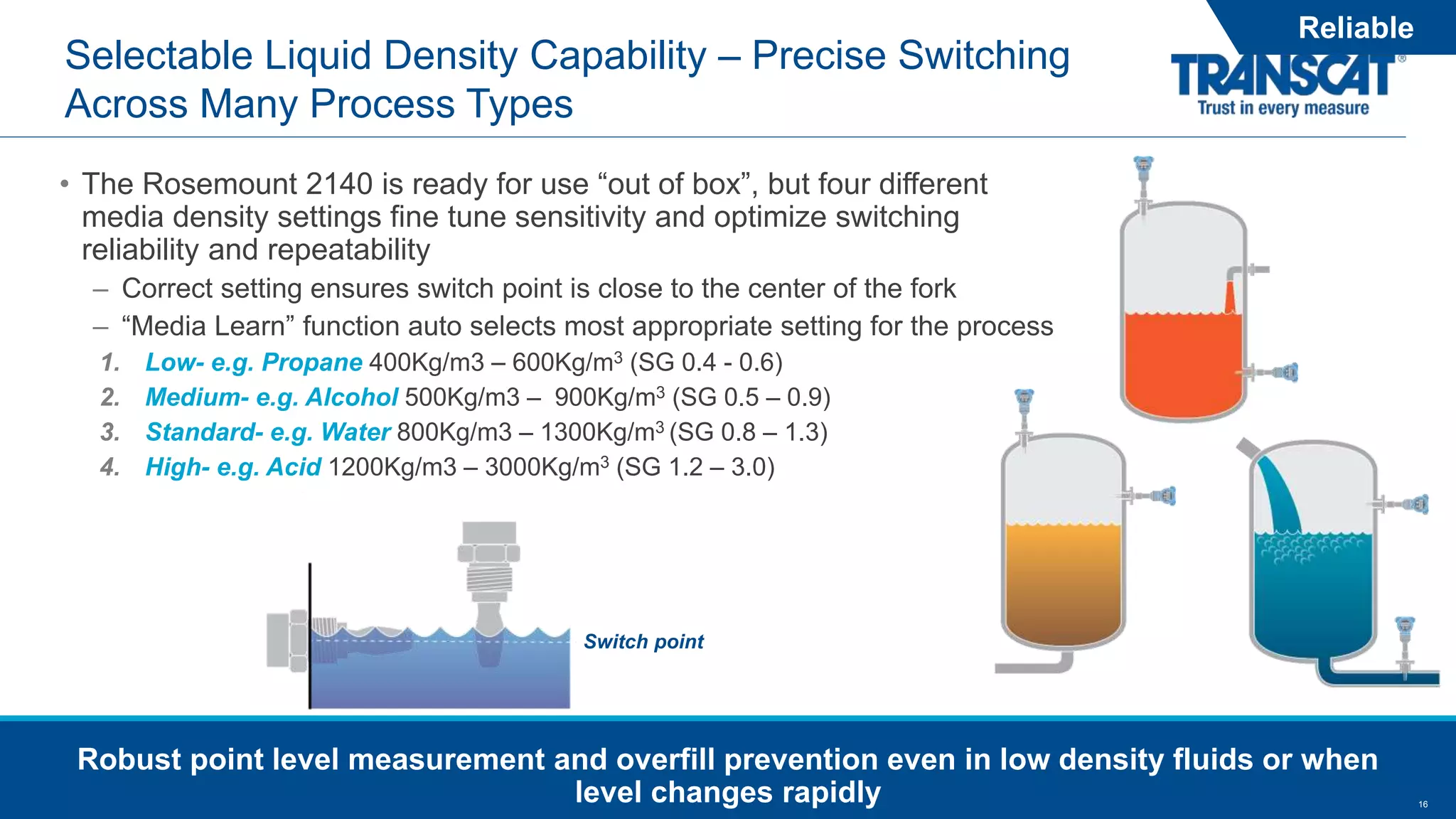 16
Selectable Liquid Density Capability – Precise Switching
Across Many Process Types
• The Rosemount 2140 is ready for use “out of box”, but four different
media density settings fine tune sensitivity and optimize switching
reliability and repeatability
– Correct setting ensures switch point is close to the center of the fork
– “Media Learn” function auto selects most appropriate setting for the process
1. Low- e.g. Propane 400Kg/m3 – 600Kg/m3 (SG 0.4 - 0.6)
2. Medium- e.g. Alcohol 500Kg/m3 – 900Kg/m3 (SG 0.5 – 0.9)
3. Standard- e.g. Water 800Kg/m3 – 1300Kg/m3 (SG 0.8 – 1.3)
4. High- e.g. Acid 1200Kg/m3 – 3000Kg/m3 (SG 1.2 – 3.0)
Robust point level measurement and overfill prevention even in low density fluids or when
level changes rapidly
Reliable
Switch point
 