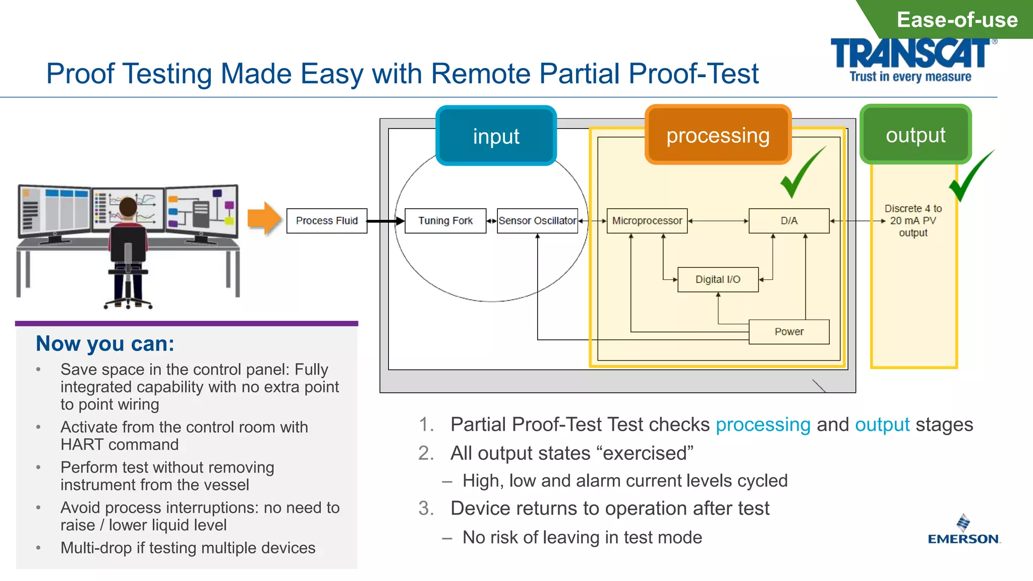 Proof Testing Made Easy with Remote Partial Proof-Test
input processing output
1. Partial Proof-Test Test checks processing and output stages
2. All output states “exercised”
– High, low and alarm current levels cycled
3. Device returns to operation after test
– No risk of leaving in test mode
Now you can:
• Save space in the control panel: Fully
integrated capability with no extra point
to point wiring
• Activate from the control room with
HART command
• Perform test without removing
instrument from the vessel
• Avoid process interruptions: no need to
raise / lower liquid level
• Multi-drop if testing multiple devices
Ease-of-use
 