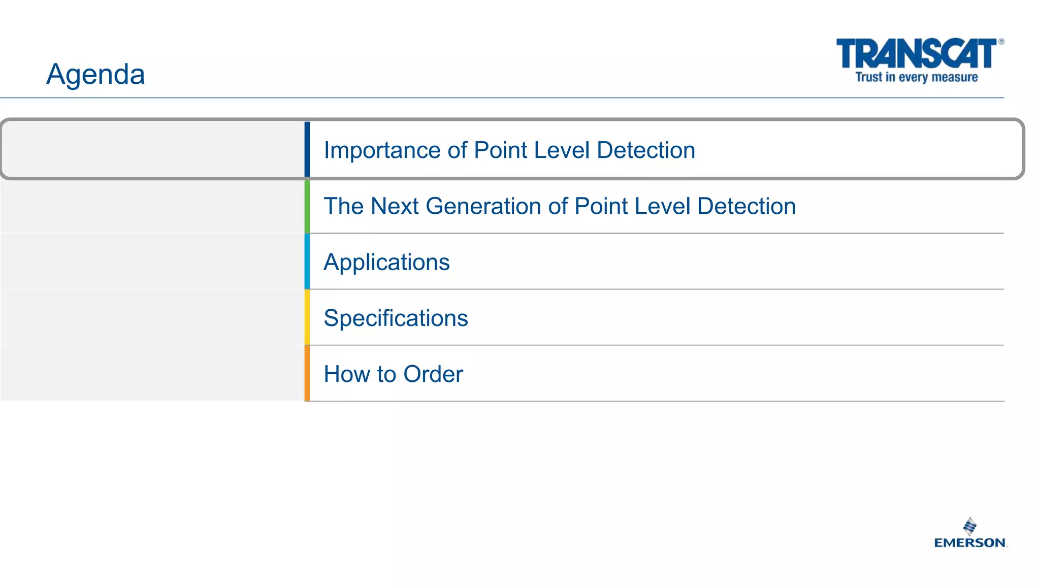 Agenda
Importance of Point Level Detection
The Next Generation of Point Level Detection
Applications
Specifications
How to Order
 