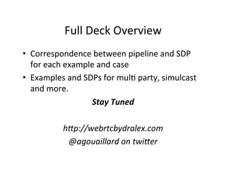 Full	
  Deck	
  Overview	
  
•  Correspondence	
  between	
  pipeline	
  and	
  SDP	
  
for	
  each	
  example	
  and	
  case	
  
•  Examples	
  and	
  SDPs	
  for	
  mul4	
  party,	
  simulcast	
  
and	
  more.	
  
Stay	
  Tuned	
  
	
  
hCp://webrtcbydralex.com	
  
@agouaillard	
  on	
  twiCer	
  
 