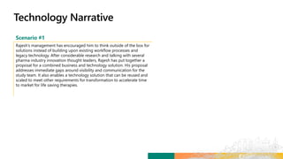Scenario #1
Rajesh’s management has encouraged him to think outside of the box for
solutions instead of building upon existing workflow processes and
legacy technology. After considerable research and talking with several
pharma industry innovation thought leaders, Rajesh has put together a
proposal for a combined business and technology solution. His proposal
addresses immediate gaps around visibility and communication for the
study team. It also enables a technology solution that can be reused and
scaled to meet other requirements for transformation to accelerate time
to market for life saving therapies.
 