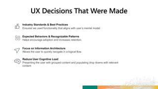 Industry Standards & Best Practices
Expected Behaviors & Recognizable Patterns
Focus on Information Architecture
Reduce User Cognitive Load
Ensured we used functionality that aligns with user’s mental model.
Helps encourage adoption and increases retention.
Allows the user to quickly navigate in a logical flow.
Presenting the user with grouped content and populating drop downs with relevant
content
 