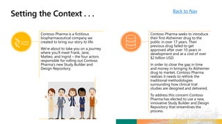 Contoso Pharma is a fictitious
biopharmaceutical company we
created to bring our story to life.
We're about to take you on a journey
where you’ll meet Frank, Jane,
Matteo, and Ingrid – the four actors
responsible for rolling out Contoso
Pharma’s new Study Builder and
Design Repository.
Contoso Pharma seeks to introduce
their first Alzheimer drug to the
public in over 17 years. Their
previous drug failed to get
approved after over 10 years in
development and at a cost of over
$2 billion USD.
In order to close the gap in time
and money in bringing its Alzheimer
drug to market, Contoso Pharma
realizes it needs to rethink the
traditional methodologies
surrounding how clinical trial
studies are designed and delivered.
To address this concern Contoso
Pharma has elected to use a new,
innovative Study Builder and Design
Repository that streamlines the
process.
Back to Nav
 