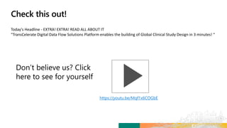 Today's Headline - EXTRA! EXTRA! READ ALL ABOUT IT
"TransCelerate Digital Data Flow Solutions Platform enables the building of Global Clinical Study Design in 3 minutes! “
https://youtu.be/Mqf1x6COGbE
 
