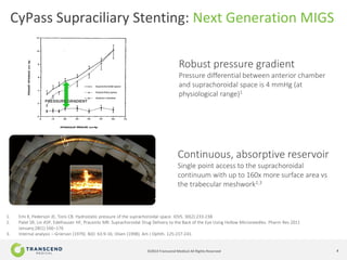 4©2014 Transcend Medical All Rights Reserved
CyPass Supraciliary Stenting: Next Generation MIGS
Continuous, absorptive reservoir
Single point access to the suprachoroidal
continuum with up to 160x more surface area vs
the trabecular meshwork2,3
Robust pressure gradient
Pressure differential between anterior chamber
and suprachoroidal space is 4 mmHg (at
physiological range)1
1. Emi K, Pederson JE, Toris CB. Hydrostatic pressure of the suprachoroidal space. IOVS. 30(2):233-238
2. Patel SR, Lin ASP, Edelhauser HF, Prausnitz MR. Suprachoroidal Drug Delivery to the Back of the Eye Using Hollow Microneedles. Pharm Res 2011
January;28(1):166–176
3. Internal analysis – Grierson (1979). BJO. 63:9-16; Olsen (1998). Am J Ophth. 125:237-241.
Anterior chamber
Supraciliary space
Suprachoroidal space
PRESSURE GRADIENT
 