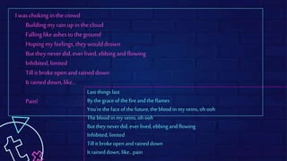 I waschoking in thecrowd
Building my rainupin thecloud
Falling like ashesto theground
Hoping my feelings, theywoulddrown
Buttheynever did,ever lived, ebbing andflowing
Inhibited,limited
Till it brokeopenandraineddown
It raineddown,like...
Pain!
Last things last
By thegrace of the fire and the flames
You'rethe face of the future,the blood in myveins, oh ooh
Theblood inmyveins, oh ooh
But they never did, ever lived, ebbing and flowing
Inhibited, limited
Till it broke open and raineddown
It raineddown, like...pain
 