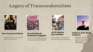 Legacy of Transcendentalism
Inspired nature conservation
and eco-philosophy.
Thoreau’s "Civil Disobedience"
inﬂuenced Gandhi & MLK Jr.
Fuller’s ideas contributed to
the early feminist movement.
Environmentalism Feminism &
Women’s Rights
Civil Rights
Movements
Modern Self-Help
Culture
Emerson'sideas on
self-reliance inﬂuenced
personal development
philosophies.
 