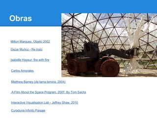 Obras

Milton Marques, Objeto 2002

Oscar Muñoz - Re trato


Isabelle Hayeur: fire with fire


Carlos Amorales


Matthew Barney (de lama lamina, 2004)


A Film About the Space Program, 2007. By Tom Sachs


Interactive Visualisation Lab - Jeffrey Shaw, 2010

Curaduria Infinito Paisaje
 