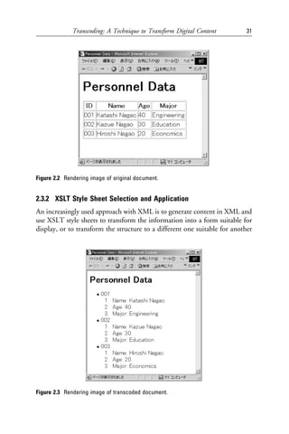 Transcoding: A Technique to Transform Digital Content         31




Figure 2.2 Rendering image of original document.


2.3.2 XSLT Style Sheet Selection and Application
An increasingly used approach with XML is to generate content in XML and
use XSLT style sheets to transform the information into a form suitable for
display, or to transform the structure to a different one suitable for another




Figure 2.3 Rendering image of transcoded document.
 