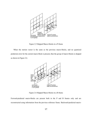 17




                               Figure 2.5 Skipped Macro-blocks in a P-frame


        When the motion vector is the same as the previous macro-blocks, and no quantized

     prediction error for the current macro-block is present, then the group of macro-blocks is skipped

     as shown in Figure 2.6.




                               Figure 2.6 Skipped Macro-blocks in a B-frame


     Forward-predicted macro-blocks are present both in the P and B frames only and are

     reconstructed using information from the previous reference frame. Backward-predicted macro-


                                                    17
 