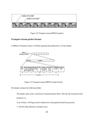 21




                                Figure 2.8 Transport stream MPEG2 packets


     Transport stream packet format:


     A MPEG2 TS packet carries a 184 Byte payload data prefixed by a 32 bits header.




                       Figure 2.9 Transport stream MPEG2 header format


     The header contains the following fields:


         The header starts with a well-known Synchronization Byte. This has the bit pattern 0x47

            (0100 0111).

         A set of three 1-bit flags used to indicate how the payload should be processed

            1. The first flag indicates a transport error.

                                                      21
 