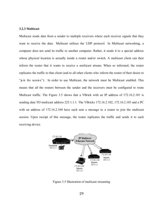 29


     3.2.3 Multicast

     Multicast sends data from a sender to multiple receivers where each receiver signals that they

     want to receive the data. Multicast utilizes the UDP protocol. In Multicast networking, a

     computer does not send its traffic to another computer. Rather, it sends it to a special address

     whose physical location is actually inside a router and/or switch. A multicast client can then

     inform the router that it wants to receive a multicast stream. When so informed, the router

     replicates the traffic to that client (and to all other clients who inform the router of their desire to

     “jo in the sessio n”). In order to use Multicast, the network must be Multicast enabled. This

     means that all the routers between the sender and the receivers must be configured to route

     Multicast traffic. The Figure 3.5 shows that a VBrick with an IP address of 172.16.2.101 is

     sending data TO multicast address 225.1.1.1. The VBricks 172.16.2.102, 172.16.2.103 and a PC

     with an address of 172.16.2.104 have each sent a message to a router to join the multicast

     session. Upon receipt of this message, the router replicates the traffic and sends it to each

     receiving device.




                                 Figure 3.5 Illustration of multicast streaming


                                                       29
 
