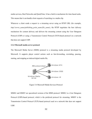 32

     media services, Real Networks and QuickTime. It has a built in mechanism for time-based seeks.

     This means that it can handle client requests of searching in a media clip.

     Whenever a client sends a request to a streaming server using an RTSP URL (for example,

     rtsp://server_name/publishing_point_name/file_name), the RTSP negotiates the best delivery

     mechanism for content delivery and delivers the streaming content using the User Datagram

     Protocol (UDP) or using a Transmission Control Protocol (TCP)-based protocol on a network

     that does not support UDP.

     3.3.2 Microsoft media server protocol

     The Microsoft Media Server (MMS) protocol is a streaming media protocol developed by

     Microsoft. It supports player control actions such as fast-forwarding, rewinding, pausing,

     starting, and stopping an indexed digital media file.




                               Figure 3.6 Microsoft Media Services Protocol



     MMSU and MMST are specialized versions of the MMS protocol. MMSU is a User Datagram

     Protocol (UDP)-based protocol, which is the preferred protocol for streaming. MMST is the

     Transmission Control Protocol (TCP)-based protocol used on a network that does not support

     UDP.

                                                     32
 