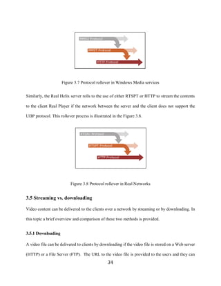 34




                          Figure 3.7 Protocol rollover in Windows Media services


     Similarly, the Real Helix server rolls to the use of either RTSPT or HTTP to stream the contents

     to the client Real Player if the network between the server and the client does not support the

     UDP protocol. This rollover process is illustrated in the Figure 3.8.




                               Figure 3.8 Protocol rollover in Real Networks


     3.5 Streaming vs. downloading

     Video content can be delivered to the clients over a network by streaming or by downloading. In

     this topic a brief overview and comparison of these two methods is provided.


     3.5.1 Downloading

     A video file can be delivered to clients by downloading if the video file is stored on a Web server

     (HTTP) or a File Server (FTP). The URL to the video file is provided to the users and they can
                                                     34
 