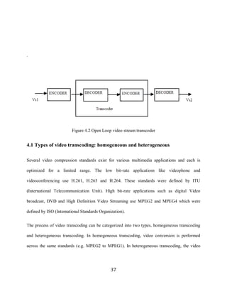 37




     .




                             Figure 4.2 Open Loop video stream transcoder


     4.1 Types of video transcoding: homogeneous and heterogeneous

     Several video compression standards exist for various multimedia applications and each is

     optimized for a limited range. The low bit-rate applications like videophone and

     videoconferencing use H.261, H.263 and H.264. These standards were defined by ITU

     (International Telecommunication Unit). High bit-rate applications such as digital Video

     broadcast, DVD and High Definition Video Streaming use MPEG2 and MPEG4 which were

     defined by ISO (International Standards Organization).


     The process of video transcoding can be categorized into two types, homogeneous transcoding

     and heterogeneous transcoding. In homogeneous transcoding, video conversion is performed

     across the same standards (e.g. MPEG2 to MPEG1). In heterogeneous transcoding, the video




                                                   37
 