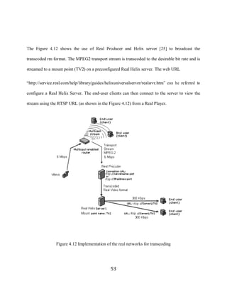 53



     The Figure 4.12 shows the use of Real Producer and Helix server [25] to broadcast the

     transcoded rm format. The MPEG2 transport stream is transcoded to the desirable bit rate and is

     streamed to a mount point (TV2) on a preconfigured Real Helix server. The web URL


     “http://service.real.com/help/library/guides/helixuniversalserver/realsrvr.htm” can be referred to

     configure a Real Helix Server. The end-user clients can then connect to the server to view the

     stream using the RTSP URL (as shown in the Figure 4.12) from a Real Player.




                     Figure 4.12 Implementation of the real networks for transcoding




                                                    53
 