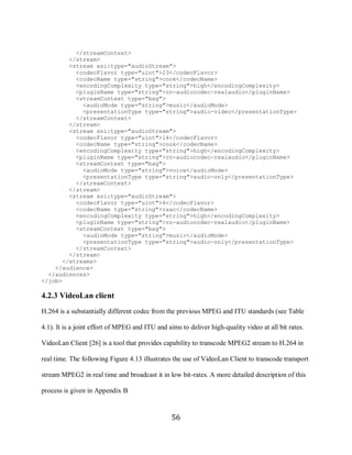 56

               </streamContext>
             </stream>
             <stream xsi:type="audioStream">
               <codecFlavor type="uint">23</codecFlavor>
               <codecName type="string">cook</codecName>
               <encodingComplexity type="string">high</encodingComplexity>
               <pluginName type="string">rn-audiocodec-realaudio</pluginName>
               <streamContext type="bag">
                 <audioMode type="string">music</audioMode>
                 <presentationType type="string">audio-video</presentationType>
               </streamContext>
             </stream>
             <stream xsi:type="audioStream">
               <codecFlavor type="uint">14</codecFlavor>
               <codecName type="string">cook</codecName>
               <encodingComplexity type="string">high</encodingComplexity>
               <pluginName type="string">rn-audiocodec-realaudio</pluginName>
               <streamContext type="bag">
                 <audioMode type="string">voice</audioMode>
                 <presentationType type="string">audio-only</presentationType>
               </streamContext>
             </stream>
             <stream xsi:type="audioStream">
               <codecFlavor type="uint">4</codecFlavor>
               <codecName type="string">raac</codecName>
               <encodingComplexity type="string">high</encodingComplexity>
               <pluginName type="string">rn-audiocodec-realaudio</pluginName>
               <streamContext type="bag">
                 <audioMode type="string">music</audioMode>
                 <presentationType type="string">audio-only</presentationType>
               </streamContext>
             </stream>
           </streams>
         </audience>
       </audiences>
     </job>

     4.2.3 VideoLan client
     H.264 is a substantially different codec from the previous MPEG and ITU standards (see Table

     4.1). It is a joint effort of MPEG and ITU and aims to deliver high-quality video at all bit rates.

     VideoLan Client [26] is a tool that provides capability to transcode MPEG2 stream to H.264 in

     real time. The following Figure 4.13 illustrates the use of VideoLan Client to transcode transport

     stream MPEG2 in real time and broadcast it in low bit-rates. A more detailed description of this

     process is given in Appendix B


                                                      56
 
