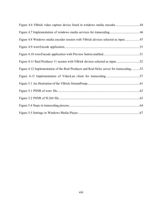 viii

       Figure 4.6 VBrick video capture device listed in windows media encoder...............................44

       Figure 4.7 Implementation of windows media services for transcoding......................................46

       Figure 4.8 Windows media encoder session with VBrick devices selected as input...................47

       Figure 4.9 wmvEncode application...............................................................................................51

       Figure 4.10 wmvEncode application with Preview button enabled..............................................51

       Figure 4.11 Real Producer 11 session with VBrick devices selected as input..............................52

       Figure 4.12 Implementation of the Real Producer and Real Helix server for transcoding...........53

       Figure 4.13 Implementation of VideoLan client for transcoding...........................................57

       Figure 5.1 An illustration of the VBrick StreamPump..................................................................61

       Figure 5.1 PSNR of wmv file........................................................................................................63

       Figure 5.2 PSNR of H.264 file......................................................................................................63

       Figure 5.4 Steps in transcoding process.........................................................................................64

       Figure 5.5 Settings in Windows Media Player..............................................................................67




                                                                       viii
 