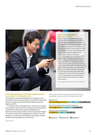 Proactive engagement
increases loyalty
Studies have concluded that reducing the
effort and time customers have to spend to
get their issue resolved drives increased loy-
alty. Research shows that exceeding customer
expectations during service interactions (e.g.
by offering a refund or a free product) makes
little difference in terms of customer loyalty.
Instead, what customers really want is a
­simple, quick solution to their issue.
Forrester expects an increasing number
of companies to explore proactive engage-
ment in order to improve customer service
and reduce effort. For example, customer
insight can be used to proactively reach out
to customers at the right time, when they are
likely to require assistance. For example, if a
customer has spent more than 45 seconds
on a self-service website, they might auto-
matically be invited to chat with a customer
service representative who will help solve
their problem before they have to call cus-
tomer service.
Source: Corporate Executive Board 2013 and Forrester Research, 2013
Customer experience is becoming more important
as a competitive differentiator
The top three most prioritized objectives for businesses to out-
source their customer care are to reduce costs (52%), improve the
quality of business processes (42%) and improving customer
experience (33%).
To be able to meet client expectations, customer care outsourc-
ing companies need to continue to optimize processes and deliver
cost efficiencies while at the same time developing new
approaches and business models in order to stay relevant. Suppli-
ers need to improve their knowledge about customers’ channel
preferences, as well as train and empower their agents to deliver
excellent customer experience in all channels.
Source: Gartner 2013
Reduce costs
Improve the quality of your business processes
Improve customer experience
What are the top three most important objectives your
organization strives to achieve through outsourcing?
23%
15%
11%
15%
15%
11%
14%
12%
11%
Ranked 1st  Ranked 2nd  Ranked 3rd
Markets and trends
Transcom Annual Report and Accounts 2013 9
 
