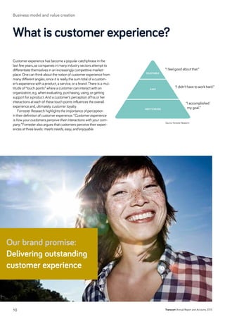 Our brand promise:
Delivering outstanding
customer experience
Customer experience has become a popular catchphrase in the
last few years, as companies in many industry sectors attempt to
differentiate themselves in an increasingly competitive market-
place. One can think about the notion of customer experience from
many different angles, since it is really the sum total of a custom-
er’s experience with a product, a service, or a brand. There is a mul-
titude of “touch points” where a customer can interact with an
organization, e.g. when evaluating, purchasing, using, or getting
support for a product. And a customer’s perception of his or her
interactions at each of these touch points influences the overall
experience and, ultimately, customer loyalty.
Forrester Research highlights the importance of perception
in their definition of customer experience: “Customer experience
is how your customers perceive their interactions with your com-
pany.” Forrester also argues that customers perceive their experi-
ences at three levels: meets needs, easy, and enjoyable.
What is customer experience?
Enjoyable
Easy
Meets needs
Source: Forrester Research
“I feel good about that.”
“I didn’t have to work hard.”
“I accomplished
my goal.”
Transcom Annual Report and Accounts 201310
Business model and value creation
 