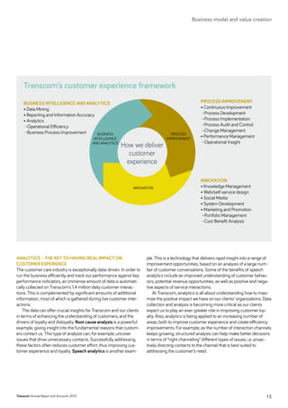 Business
intelligence
and analytics
PROCESS
IMPROVEMENT
INNOVATION
How we deliver
customer
experience
Business intelligence and analytics
• Data Mining
• Reporting and Information Accuracy
• Analytics
–Operational Efficiency
–Business Process Improvement
INNOVATION
• Knowledge Management
• Web/self-service design
• Social Media
• System Development
• Marketing and Promotion
–Portfolio Management
–Cost Benefit Analysis
PROCESS IMPROVEMENT
• Continuous Improvement
–Process Development
–Process Implementation
–Process Audit and Control
–Change Management
• Performance Management
–Operational Insight
ANALYTICS – THE KEY TO HAVING REAL IMPACT ON
CUSTOMER EXPERIENCE
The customer care industry is exceptionally data-driven. In order to
run the business efficiently and track our performance against key
performance indicators, an immense amount of data is automati-
cally collected on Transcom’s 1.4 million daily customer interac-
tions. This is complemented by significant amounts of additional
information, most of which is gathered during live customer inter-
actions.
The data can offer crucial insights for Transcom and our clients
in terms of enhancing the understanding of customers, and the
drivers of loyalty and disloyalty. Root cause analysis is a powerful
example, giving insight into the fundamental reasons that custom-
ers contact us. This type of analysis can, for example, uncover
issues that drive unnecessary contacts. Successfully addressing
these factors often reduces customer effort, thus improving cus-
tomer experience and loyalty. Speech analytics is another exam-
ple. This is a technology that delivers rapid insight into a range of
improvement opportunities, based on an analysis of a large num-
ber of customer conversations. Some of the benefits of speech
analytics include an improved understanding of customer behav-
iors, potential revenue opportunities, as well as positive and nega-
tive aspects of service interactions.
At Transcom, analytics is all about understanding how to maxi-
mize the positive impact we have on our clients’ organizations. Data
collection and analysis is becoming more critical as our clients
expect us to play an ever-greater role in improving customer loy-
alty. Also, analytics is being applied to an increasing number of
areas, both to improve customer experience and create efficiency
improvements. For example, as the number of interaction channels
keeps growing, structured analysis can help make better decisions
in terms of “right channeling” different types of issues, i.e. proac-
tively directing contacts to the channel that is best suited to
addressing the customer’s need.
Transcom’s customer experience framework
Business model and value creation
Transcom Annual Report and Accounts 2013 13
 