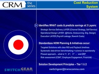 Cost Reduction System Identifies WHAT costs & predicts savings at 3 Layers: Strategic Service Delivery LAYER (Channel Strategy, Self Service) Operational Design LAYER  (@Home, Outsourcing, Org. Design) Execution LAYER (Payroll Leakage, Rework Costs) Standardizes HOW Planning & Initiatives occur: Targeted Solutions with clear ROI and Payback timelines Systematic data-driven benchmarking = science vs spontaneity Phased approach… what is 1 st ,  2 nd ,  3 rd   …  and DRP Risk assessment (CSAT, Employee Engagement, Financial)  Solution Development Principles – Tier 1  &  2 [email_address]   