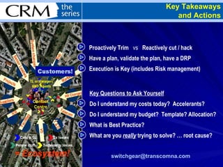 Proactively Trim  vs  Reactively cut / hack Have a plan, validate the plan, have a DRP Execution is Key (includes Risk management) Key Questions to Ask Yourself Do I understand my costs today?  Accelerants? Do I understand my budget?  Template? Allocation? What is Best Practice? What are you  really  trying to solve? … root cause? Key Takeaways and Actions [email_address]   