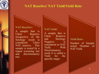 NAT Reactive:
A sample that is
Ultrio Reactive
irrespective of the
Serology result is
considered Ultrio
NAT reactive. This
sample is tested by a
repeat screening test
and discriminatory
test.
NAT Yield:
A sample that is
Ultrio Reactive
and Serology
Negative is
considered as NAT
Yield. With
Discriminatory
result it is called a
Yield for the
specific target.
Yield Rate:
Number of Sample
tested /Number of
NAT Yield.
21
 