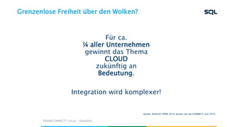 Grenzenlose Freiheit über den Wolken?
Für ca.
¼ aller Unternehmen
gewinnt das Thema
CLOUD
zukünftig an
Bedeutung.
Integration wird komplexer!
Quelle: Rethink! SPMS 2016 Studie von we.CONNECT, Juli 2016
TRANSCONNECT® cloud - Überblick
 