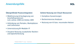 Anwendungsfälle
Übergreifende Prozessintegration
 Mobilisierung & Auslagerung von
Geschäftsprozessen
(z.B. online-CRM mit OnSite-ERP)
 Anbindung von Portalen, Marktplätzen
und Lieferanten
 Unterstützung BI-Modaler IT
 Situative Nutzung zusätzlicher Rechen-
und Speicherleistung
Sichere Nutzung von Cloud-Ressourcen
 Komplexe Auswertungen
 Rechenintensive Analysen
 Nutzung von KI bzw. neuronalen Netzen
TRANSCONNECT® cloud - Überblick
 