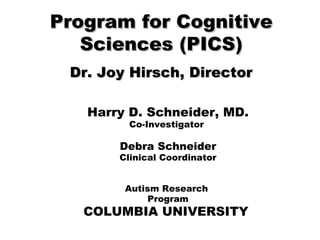 Program for CognitiveProgram for Cognitive
Sciences (PICS)Sciences (PICS)
Dr. Joy Hirsch, DirectorDr. Joy Hirsch, Director
Harry D. Schneider, MD.
Co-Investigator
Debra Schneider
Clinical Coordinator
Autism Research
Program
COLUMBIA UNIVERSITY
 