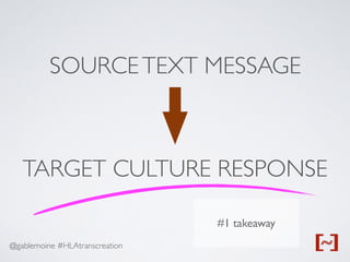 @gablemoine #HLAtranscreation
SOURCETEXT MESSAGE
TARGET CULTURE RESPONSE
#1 takeaway
 