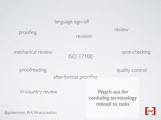 @gablemoine #HLAtranscreation
ISO 17100
prooﬁng
proofreading
after-format prooﬁng
revision
review
spot-checking
quality control
QA
in-country review
mechanical review
language sign-off
Watch out for
confusing terminology
related to tasks
 