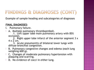 Example of sample heading and subcategories of diagnoses

FINAL DIAGNOSES:
I. Pulmonary failure.
 A. Multiple pulmonary thromboemboli.
      1. Left upper lobe main pulmonary artery with 85%
  occlusion.
      2. Right upper lobe infarct of the anterior segment 3 x
  4 x 2 cm.
      3. Acute pneumonitis of bilateral lower lungs with
  diffuse bronchial congestion.
 B. Pulmonary congestive changes and edema (each lung
  weighing 600 g).
 C. Changes of moderate pulmonary hypertension with
  plaquing and scarring.
 D. No evidence of cocci in either lung.
 