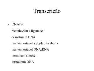 Transcrição
• RNAPs:
reconhecem e ligam-se
desnaturam DNA
mantém estável a dupla fita aberta
mantém estável DNA:RNA
terminam síntese
restauram DNA