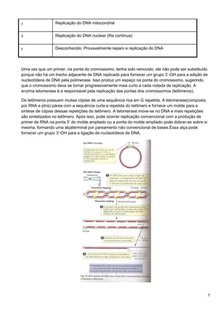 Replicação do DNA mitocondrial
Replicação do DNA nuclear (fita contínua)
Desconhecido. Provavelmente reparo e replicação do DNA

Uma vez que um primer, na ponta do cromossomo, tenha sido removido, ele não pode ser substituído
porque não há um trecho adjacente de DNA replicado para fornecer um grupo 3’-OH para a adição de
nucleotídeos de DNA pela polimerase. Isso produz um espaço na ponta do cromossomo, sugerindo
que o cromossomo deva se tornar progressivamente mais curto a cada rodada de replicação. A
enzima telomerase é a responsável pela replicação das pontas dos cromossomos (telômeros).
Os telômeros possuem muitas cópias de uma sequência rica em G repetida. A telomerase(composta
por RNA e ptns) párea com a sequência curta e repetida do telômero e fornece um molde para a
síntese de cópias dessas repetições do telômero. A telomerase move-se no DNA e mais repetições
são sintetizados no telõmero. Após isso, pode ocorrer replicação convencional com a produção de
primer de RNA na ponta 5’ do molde ampliado ou a ponta do molde ampliado pode dobrar-se sobre si
mesma, formando uma alçaterminal por pareamento não convencional de bases.Essa alça pode
fornecer um grupo 3’-OH para a ligação de nucleotídeos de DNA.

7

 