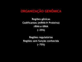 ORGANIZAÇÃO GENÔMICA
Regiões gênicas
Codificantes (mRNA Proteína)
rRNA e tRNA
(~25%)
Regiões regulatórias
Regiões sem função conhecida
(~75%)
 