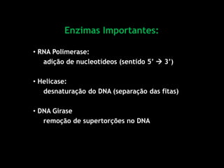 Enzimas Importantes:
• RNA Polimerase:
adição de nucleotídeos (sentido 5’  3’)
• Helicase:
desnaturação do DNA (separação das fitas)
• DNA Girase
remoção de supertorções no DNA
 