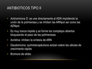 ANTIBIOTICOS TIPO II
• Actinomicina D: se une directamente al ADN impidiendo la
unión de la polimerasa y se inhiben las ARNpol así como las
ADNpol
• Es muy toxica impide q se forme los complejos abiertos
bloqueando el paso de las polimerasas
• Acridina: inhiben la síntesis de ARN
• Daudomicina: quimioterapéuticos actúan sobre las células de
crecimiento rápido
• Bromuro de etidio
 