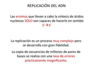Las enzimas que llevan a cabo la síntesis de ácidos
nucleicos SÓLO son capaces de hacerlo en sentido
5´3´
La replicación es un proceso muy complejo pero
se desarrolla con gran fidelidad.
La copia de secuencias de millones de pares de
bases se realiza con una tasa de errores
prácticamente insignificante.
REPLICACIÓN DEL ADN
 