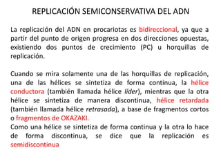 REPLICACIÓN SEMICONSERVATIVA DEL ADN
La replicación del ADN en procariotas es bidireccional, ya que a
partir del punto de origen progresa en dos direcciones opuestas,
existiendo dos puntos de crecimiento (PC) u horquillas de
replicación.
Cuando se mira solamente una de las horquillas de replicación,
una de las hélices se sintetiza de forma continua, la hélice
conductora (también llamada hélice líder), mientras que la otra
hélice se sintetiza de manera discontinua, hélice retardada
(también llamada hélice retrasada), a base de fragmentos cortos
o fragmentos de OKAZAKI.
Como una hélice se sintetiza de forma continua y la otra lo hace
de forma discontinua, se dice que la replicación es
semidiscontinua
 