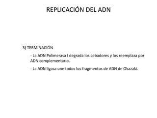 3) TERMINACIÓN
- La ADN Polimerasa I degrada los cebadores y los reemplaza por
ADN complementario.
- La ADN ligasa une todos los fragmentos de ADN de Okazaki.
REPLICACIÓN DEL ADN
 