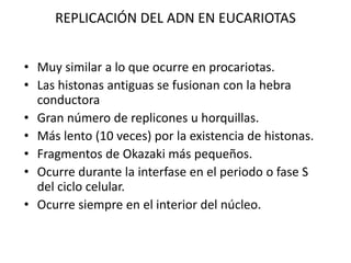 REPLICACIÓN DEL ADN EN EUCARIOTAS
• Muy similar a lo que ocurre en procariotas.
• Las histonas antiguas se fusionan con la hebra
conductora
• Gran número de replicones u horquillas.
• Más lento (10 veces) por la existencia de histonas.
• Fragmentos de Okazaki más pequeños.
• Ocurre durante la interfase en el periodo o fase S
del ciclo celular.
• Ocurre siempre en el interior del núcleo.
 