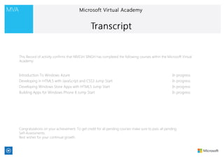 This Record of activity confirms that NIVESH SINGH has completed the following courses within the Microsoft Virtual
Academy:
Introduction To Windows Azure In progress
Developing in HTML5 with JavaScript and CSS3 Jump Start In progress
Developing Windows Store Apps with HTML5 Jump Start In progress
Building Apps for Windows Phone 8 Jump Start In progress
Congratulations on your achievement. To get credit for all pending courses make sure to pass all pending
Self-Assessments.
Best wishes for your continual growth.
 