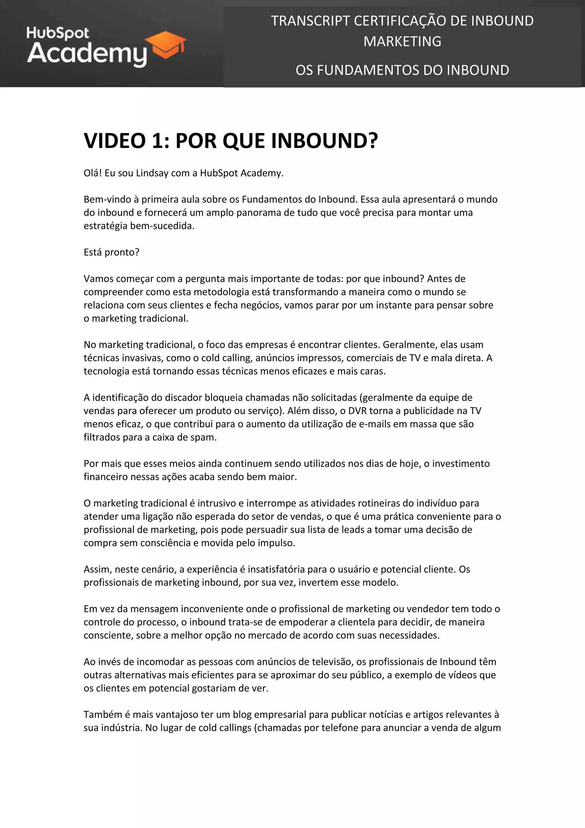 Transcript completo Português Curso de Inbound HubSpot PDF