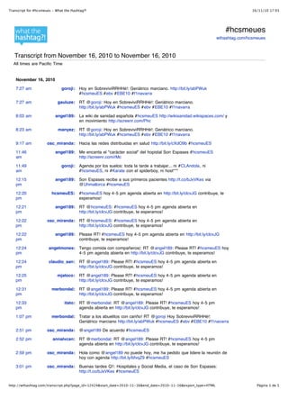 16/11/10 17:03Transcript for #hcsmeues - What the Hashtag?!
Página 1 de 5http://wthashtag.com/transcript.php?page_id=12424&start_date=2010-11-16&end_date=2010-11-16&export_type=HTML
#hcsmeues
wthashtag.com/hcsmeues
Transcript from November 16, 2010 to November 16, 2010
All times are Pacific Time
November 16, 2010
7:27 am goroji: Hoy en SobreviviRRHHé!: Geriátrico marciano. http://bit.ly/abPWuk
#hcsmeuES #ebv #EBE10 #f1navarra
7:27 am gauluze: RT @goroji: Hoy en SobreviviRRHHé!: Geriátrico marciano.
http://bit.ly/abPWuk #hcsmeuES #ebv #EBE10 #f1navarra
8:03 am angel189: La wiki de sanidad española #hcsmeuES http://wikisanidad.wikispaces.com/ y
en movimiento http://screenr.com/Phc
8:23 am manyez: RT @goroji: Hoy en SobreviviRRHHé!: Geriátrico marciano.
http://bit.ly/abPWuk #hcsmeuES #ebv #EBE10 #f1navarra
9:17 am osc_miranda: Hacia las redes distribuidas en salud http://bit.ly/cXdO9b #hcsmeuES
11:46
am
angel189: Me encanta el "carácter social" del hopistal Son Espases #hcsmeuES
http://screenr.com/rMc
11:49
am
goroji: Agenda por los suelos: toda la tarde a trabajar... ni #CLAndola, ni
#hcsmeuES, ni #Karate con el spiderboy, ni host***
12:15
pm
angel189: Son Espases recibe a sus primeros pacientes http://t.co/bJxVKes via
@Uhmallorca #hcsmeuES
12:20
pm
hcsmeuES: #hcsmeuES hoy 4-5 pm agenda abierta en http://bit.ly/clcvJG contribuye, te
esperamos!
12:21
pm
angel189: RT @hcsmeuES: #hcsmeuES hoy 4-5 pm agenda abierta en
http://bit.ly/clcvJG contribuye, te esperamos!
12:22
pm
osc_miranda: RT @hcsmeuES: #hcsmeuES hoy 4-5 pm agenda abierta en
http://bit.ly/clcvJG contribuye, te esperamos!
12:22
pm
angel189: Please RT! #hcsmeuES hoy 4-5 pm agenda abierta en http://bit.ly/clcvJG
contribuye, te esperamos!
12:24
pm
angelmones: Tengo comida con compañeros(: RT @angel189: Please RT! #hcsmeuES hoy
4-5 pm agenda abierta en http://bit.ly/clcvJG contribuye, te esperamos!
12:24
pm
claudio_san: RT @angel189: Please RT! #hcsmeuES hoy 4-5 pm agenda abierta en
http://bit.ly/clcvJG contribuye, te esperamos!
12:25
pm
mjaloco: RT @angel189: Please RT! #hcsmeuES hoy 4-5 pm agenda abierta en
http://bit.ly/clcvJG contribuye, te esperamos!
12:31
pm
merbondal: RT @angel189: Please RT! #hcsmeuES hoy 4-5 pm agenda abierta en
http://bit.ly/clcvJG contribuye, te esperamos!
12:33
pm
itato: RT @merbondal: RT @angel189: Please RT! #hcsmeuES hoy 4-5 pm
agenda abierta en http://bit.ly/clcvJG contribuye, te esperamos!
1:07 pm merbondal: Tratar a los abuelitos con cariño! RT @goroji Hoy SobreviviRRHHé!:
Geriátrico marciano http://bit.ly/abPWuk #hcsmeuES #ebv #EBE10 #f1navarra
2:51 pm osc_miranda: @angel189 De acuerdo #hcsmeuES
2:52 pm annalvcan: RT @merbondal: RT @angel189: Please RT! #hcsmeuES hoy 4-5 pm
agenda abierta en http://bit.ly/clcvJG contribuye, te esperamos!
2:59 pm osc_miranda: Hola como @angel189 no puede hoy, me ha pedido que lidere la reunión de
hoy con agenda http://bit.ly/bfvqZ9 #hcsmeuES
3:01 pm osc_miranda: Buenas tardes Q1: Hospitales y Social Media, el caso de Son Espases:
http://t.co/bJxVKes #hcsmeuES
 