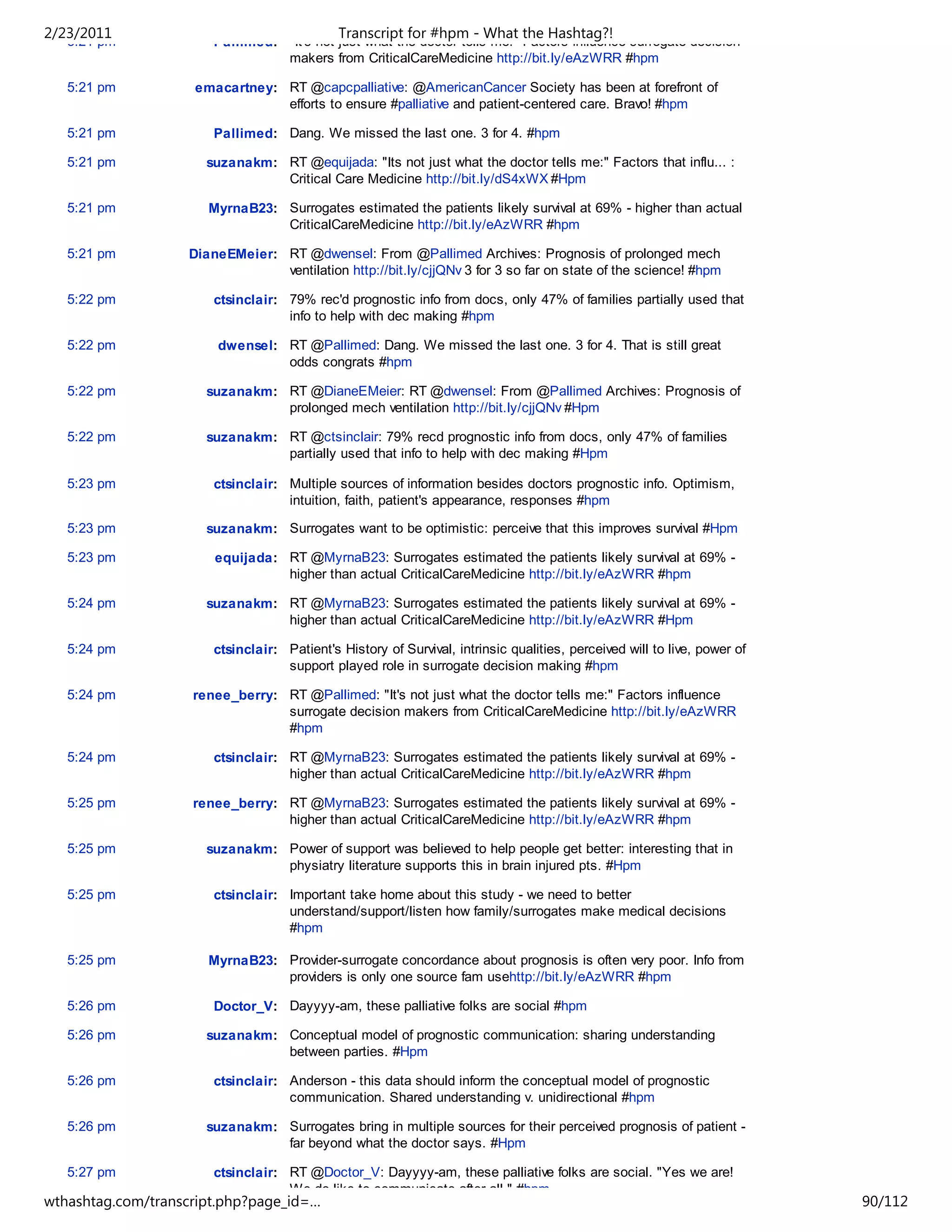 2/23/2011                                    Transcript for #hpm - What the Hashtag?!
   5:21 pm             Pallimed: "It's not just what the doctor tells me:" Factors influence surrogate decision
                                 makers from CriticalCareMedicine http://bit.ly/eAzWRR #hpm

   5:21 pm          emacartney: RT @capcpalliative: @AmericanCancer Society has been at forefront of
                                efforts to ensure #palliative and patient-centered care. Bravo! #hpm

   5:21 pm             Pallimed: Dang. We missed the last one. 3 for 4. #hpm

   5:21 pm            suzanakm: RT @equijada: "Its not just what the doctor tells me:" Factors that influ... :
                                Critical Care Medicine http://bit.ly/dS4xWX #Hpm

   5:21 pm            MyrnaB23: Surrogates estimated the patients likely survival at 69% - higher than actual
                                CriticalCareMedicine http://bit.ly/eAzWRR #hpm

   5:21 pm         DianeEMeier: RT @dwensel: From @Pallimed Archives: Prognosis of prolonged mech
                                ventilation http://bit.ly/cjjQNv 3 for 3 so far on state of the science! #hpm

   5:22 pm             ctsinclair: 79% rec'd prognostic info from docs, only 47% of families partially used that
                                   info to help with dec making #hpm

   5:22 pm             dwensel: RT @Pallimed: Dang. We missed the last one. 3 for 4. That is still great
                                odds congrats #hpm

   5:22 pm            suzanakm: RT @DianeEMeier: RT @dwensel: From @Pallimed Archives: Prognosis of
                                prolonged mech ventilation http://bit.ly/cjjQNv #Hpm

   5:22 pm            suzanakm: RT @ctsinclair: 79% recd prognostic info from docs, only 47% of families
                                partially used that info to help with dec making #Hpm

   5:23 pm             ctsinclair: Multiple sources of information besides doctors prognostic info. Optimism,
                                   intuition, faith, patient's appearance, responses #hpm

   5:23 pm            suzanakm: Surrogates want to be optimistic: perceive that this improves survival #Hpm

   5:23 pm             equijada: RT @MyrnaB23: Surrogates estimated the patients likely survival at 69% -
                                 higher than actual CriticalCareMedicine http://bit.ly/eAzWRR #hpm

   5:24 pm            suzanakm: RT @MyrnaB23: Surrogates estimated the patients likely survival at 69% -
                                higher than actual CriticalCareMedicine http://bit.ly/eAzWRR #Hpm

   5:24 pm             ctsinclair: Patient's History of Survival, intrinsic qualities, perceived will to live, power of
                                   support played role in surrogate decision making #hpm

   5:24 pm          renee_berry: RT @Pallimed: "It's not just what the doctor tells me:" Factors influence
                                 surrogate decision makers from CriticalCareMedicine http://bit.ly/eAzWRR
                                 #hpm

   5:24 pm             ctsinclair: RT @MyrnaB23: Surrogates estimated the patients likely survival at 69% -
                                   higher than actual CriticalCareMedicine http://bit.ly/eAzWRR #hpm

   5:25 pm          renee_berry: RT @MyrnaB23: Surrogates estimated the patients likely survival at 69% -
                                 higher than actual CriticalCareMedicine http://bit.ly/eAzWRR #hpm

   5:25 pm            suzanakm: Power of support was believed to help people get better: interesting that in
                                physiatry literature supports this in brain injured pts. #Hpm

   5:25 pm             ctsinclair: Important take home about this study - we need to better
                                   understand/support/listen how family/surrogates make medical decisions
                                   #hpm

   5:25 pm            MyrnaB23: Provider-surrogate concordance about prognosis is often very poor. Info from
                                providers is only one source fam usehttp://bit.ly/eAzWRR #hpm

   5:26 pm             Doctor_V: Dayyyy-am, these palliative folks are social #hpm

   5:26 pm            suzanakm: Conceptual model of prognostic communication: sharing understanding
                                between parties. #Hpm

   5:26 pm             ctsinclair: Anderson - this data should inform the conceptual model of prognostic
                                   communication. Shared understanding v. unidirectional #hpm

   5:26 pm            suzanakm: Surrogates bring in multiple sources for their perceived prognosis of patient -
                                far beyond what the doctor says. #Hpm

   5:27 pm             ctsinclair: RT @Doctor_V: Dayyyy-am, these palliative folks are social. "Yes we are!
                                   We do like to communicate after all." #hpm
wthashtag.com/transcript.php?page_id=…                                                                                    90/112
 